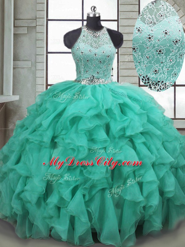 Turquoise Quinceanera Dress Organza Brush Train Sleeveless Beading and Ruffles