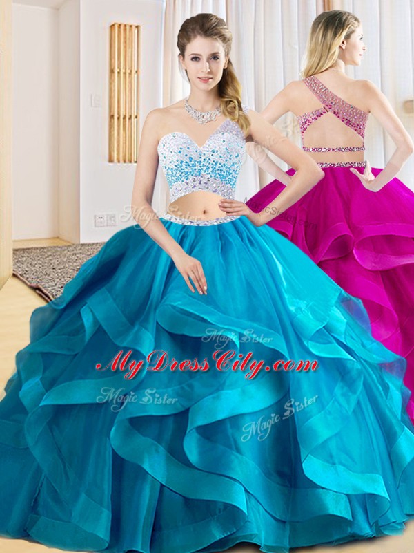 Two Pieces Sweet 16 Dress Baby Blue One Shoulder Tulle Sleeveless Floor Length Criss Cross