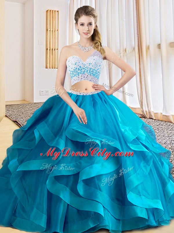 Two Pieces Sweet 16 Dress Baby Blue One Shoulder Tulle Sleeveless Floor Length Criss Cross