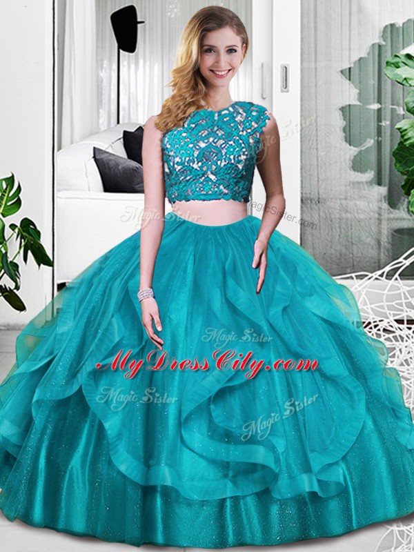 Low Price Teal Two Pieces Scoop Sleeveless Tulle Floor Length Zipper Lace and Embroidery and Ruffles 15 Quinceanera Dress