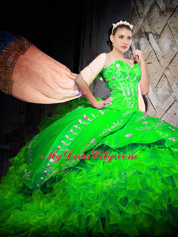 Comfortable Embroidery and Ruffles Vestidos de Quinceanera Green Lace Up Sleeveless With Brush Train