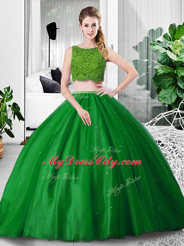 Customized Green Scoop Neckline Lace and Ruching Quinceanera Gown Sleeveless Zipper