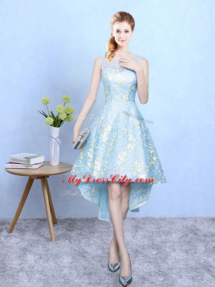 High Low Aqua Blue Bridesmaids Dress Organza Sleeveless Embroidery