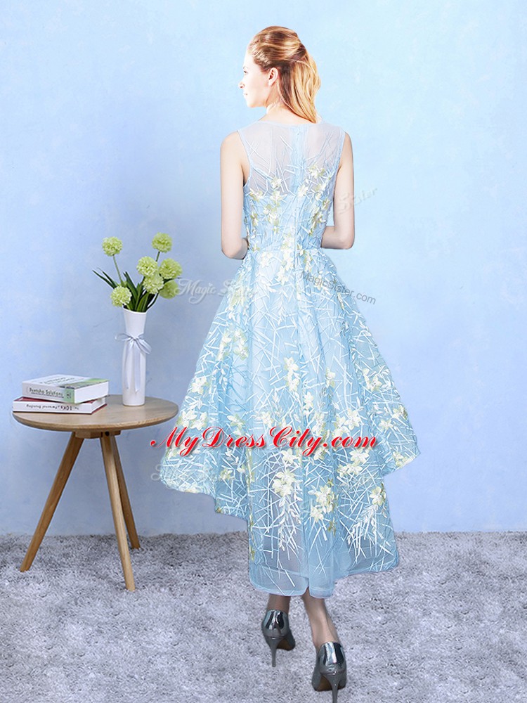 High Low Aqua Blue Bridesmaids Dress Organza Sleeveless Embroidery