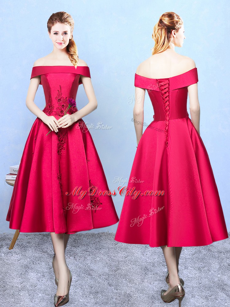 Inexpensive Tea Length A-line Cap Sleeves Wine Red Quinceanera Dama Dress Lace Up