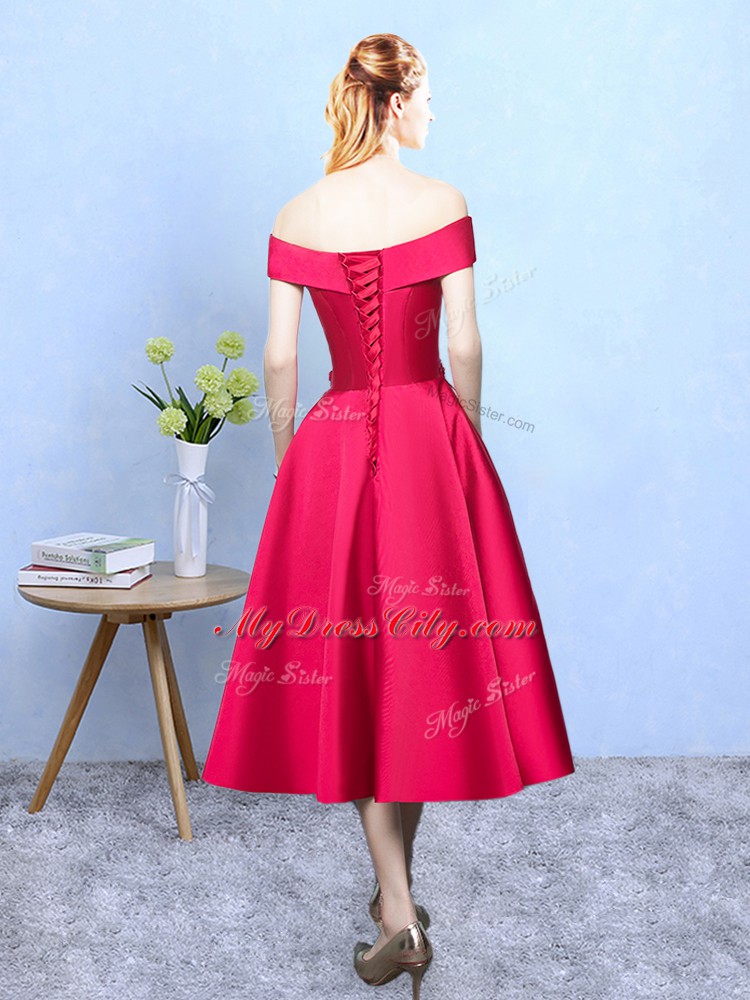 Inexpensive Tea Length A-line Cap Sleeves Wine Red Quinceanera Dama Dress Lace Up