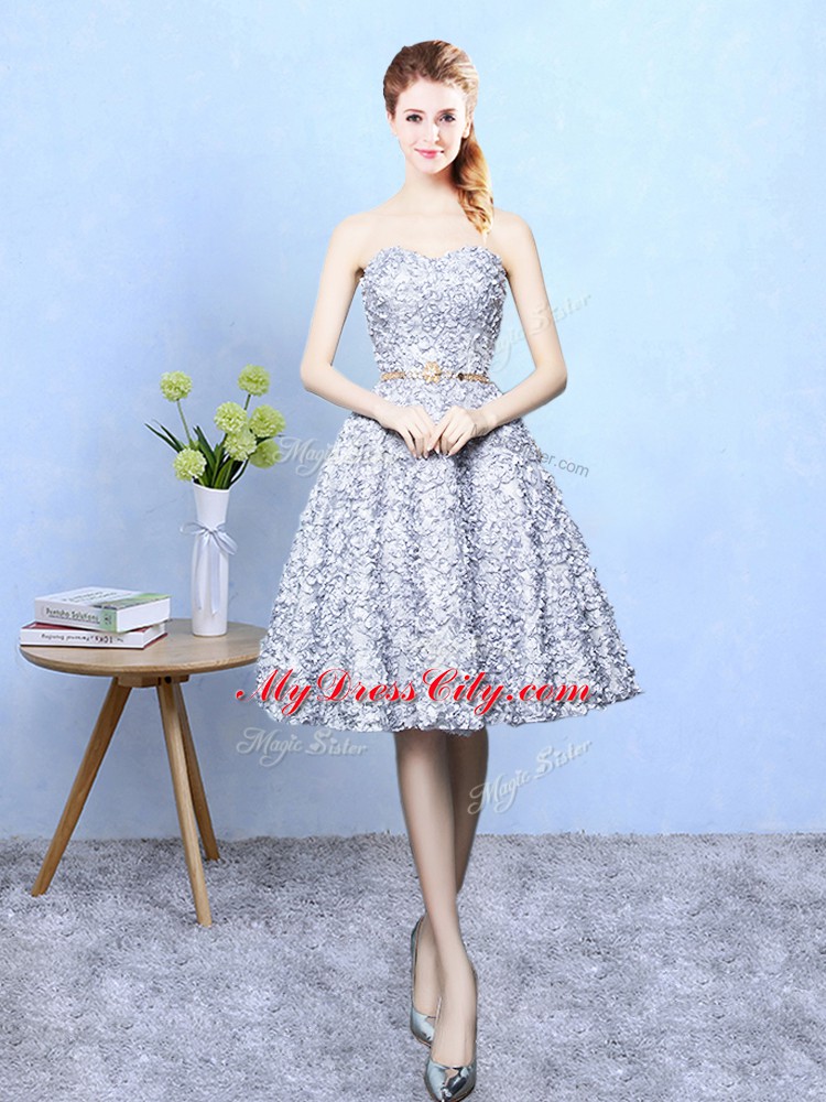 Printed Sweetheart Sleeveless Lace Up Belt Damas Dress in Grey