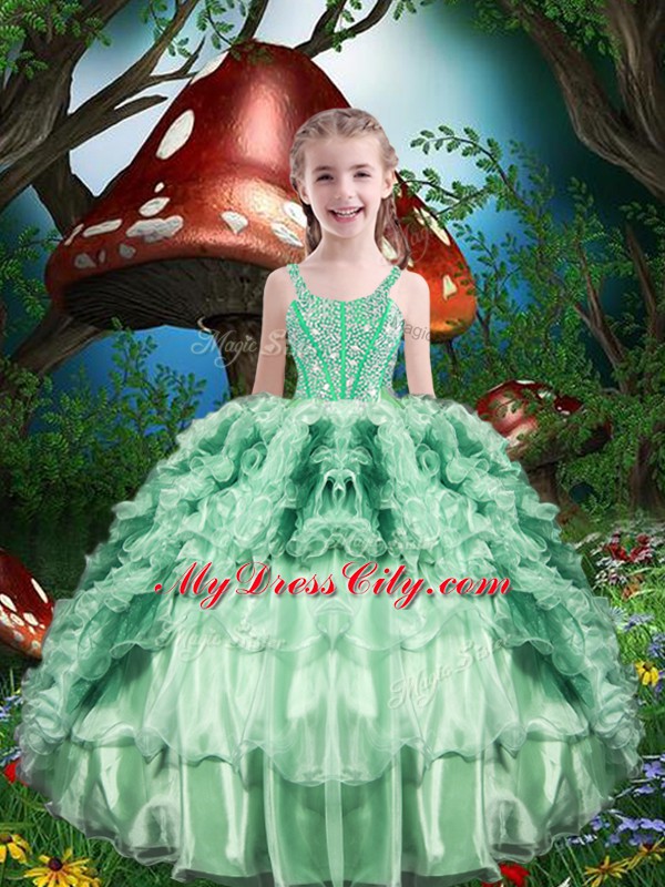 Apple Green Ball Gowns Straps Sleeveless Organza Floor Length Lace Up Beading and Ruffles and Ruffled Layers Little Girls Pageant Dress