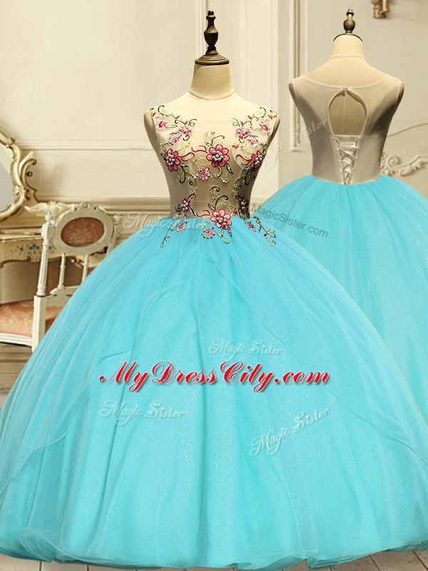 Edgy Floor Length Aqua Blue Quinceanera Dresses Organza Sleeveless Appliques