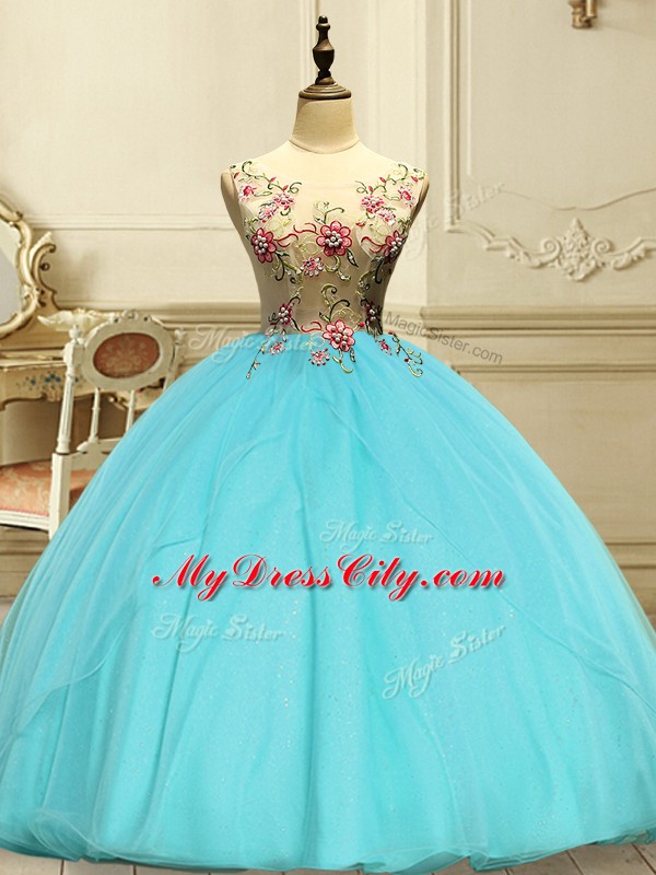 Edgy Floor Length Aqua Blue Quinceanera Dresses Organza Sleeveless Appliques