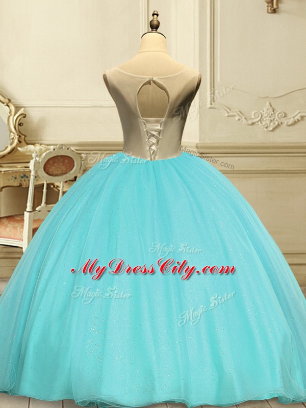 Edgy Floor Length Aqua Blue Quinceanera Dresses Organza Sleeveless Appliques