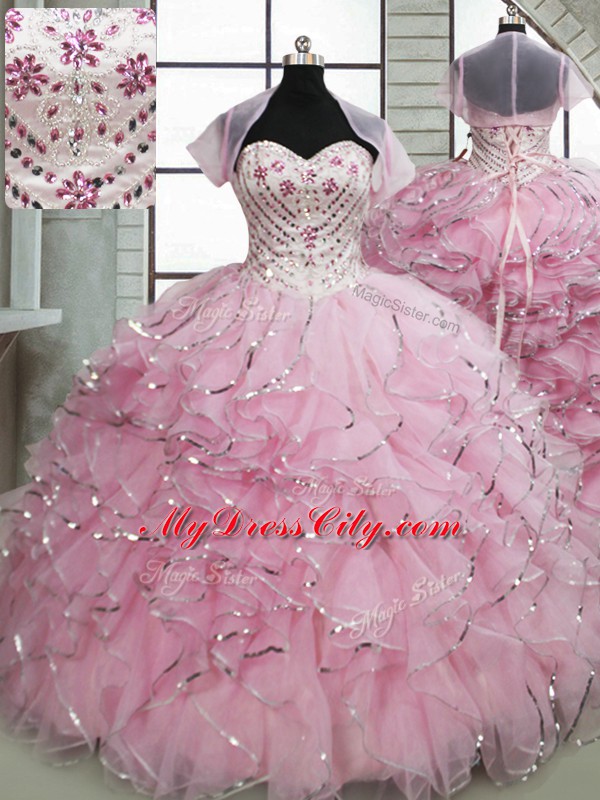 Super Sweetheart Sleeveless Organza Quinceanera Gowns Beading and Ruffles Brush Train Lace Up