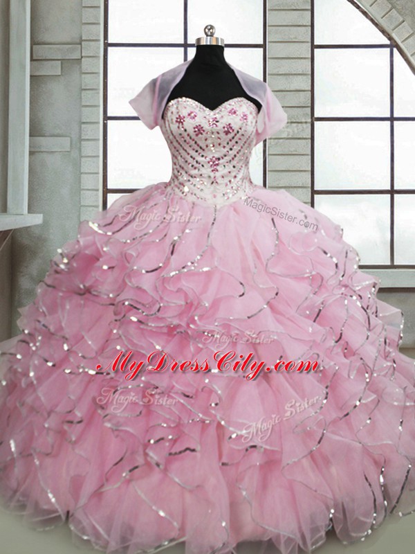 Super Sweetheart Sleeveless Organza Quinceanera Gowns Beading and Ruffles Brush Train Lace Up