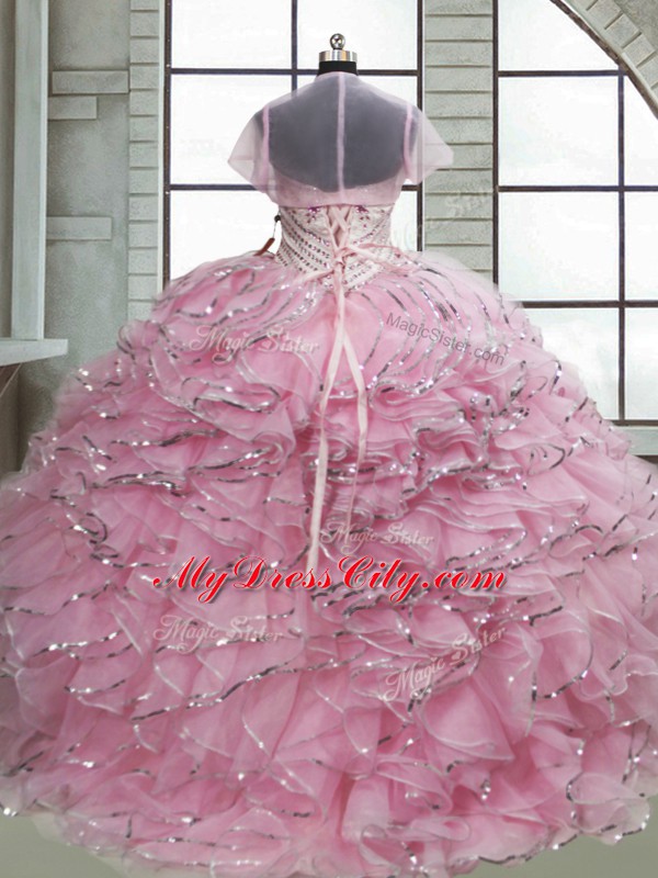 Super Sweetheart Sleeveless Organza Quinceanera Gowns Beading and Ruffles Brush Train Lace Up