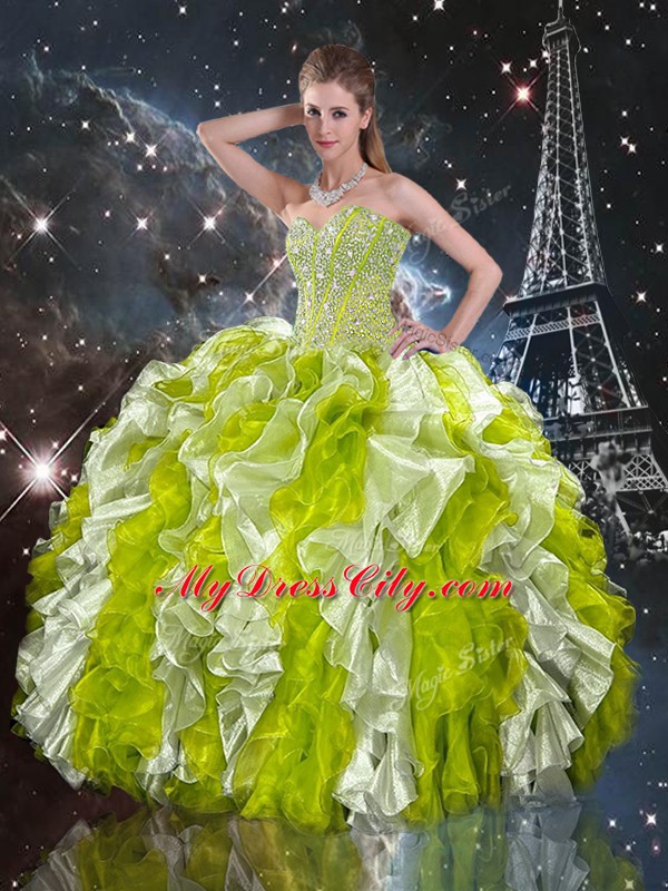 Popular Organza Sweetheart Sleeveless Lace Up Beading and Ruffles Sweet 16 Dresses in Multi-color