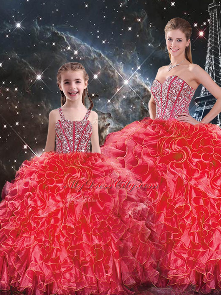 Adorable Ball Gowns Quinceanera Dress Coral Red Sweetheart Organza Sleeveless Floor Length Lace Up