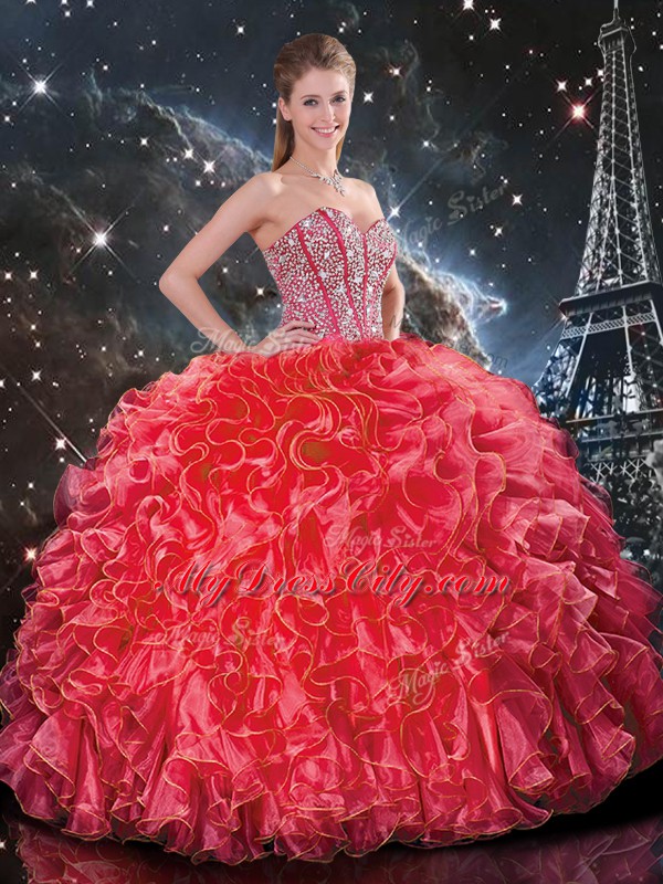 Adorable Ball Gowns Quinceanera Dress Coral Red Sweetheart Organza Sleeveless Floor Length Lace Up