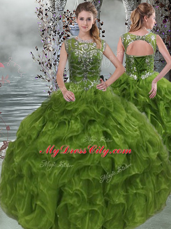 Olive Green Ball Gowns Organza Scoop Sleeveless Beading and Ruffles Floor Length Lace Up Ball Gown Prom Dress