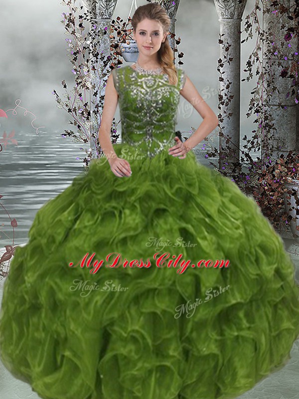 Olive Green Ball Gowns Organza Scoop Sleeveless Beading and Ruffles Floor Length Lace Up Ball Gown Prom Dress