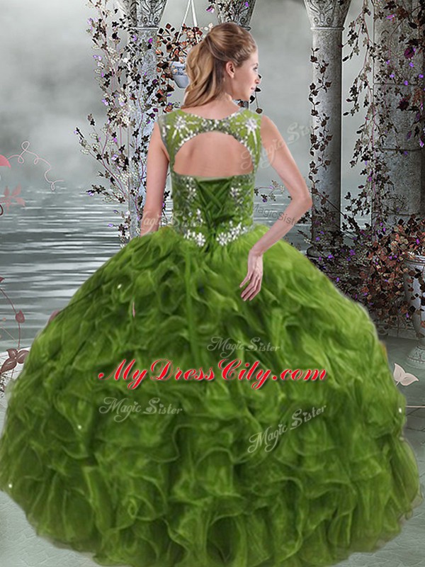 Olive Green Ball Gowns Organza Scoop Sleeveless Beading and Ruffles Floor Length Lace Up Ball Gown Prom Dress