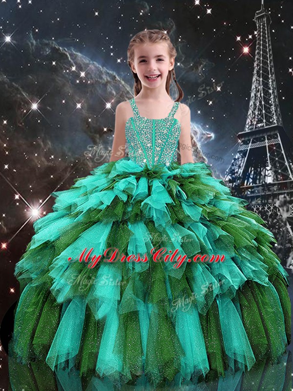 Turquoise Ball Gowns Tulle Straps Sleeveless Beading and Ruffles Floor Length Lace Up Pageant Gowns For Girls