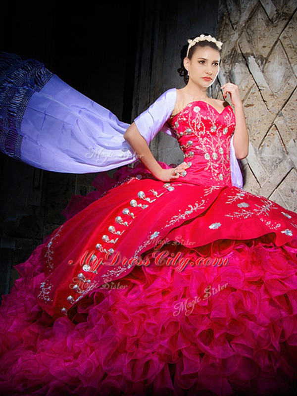 Hot Pink Lace Up Sweetheart Embroidery and Ruffles Sweet 16 Quinceanera Dress Organza Sleeveless Brush Train