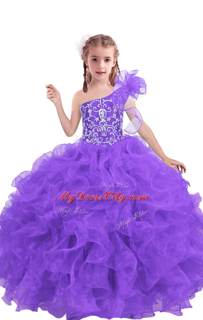 Lilac Ball Gowns Organza One Shoulder Sleeveless Beading and Ruffles Floor Length Lace Up Glitz Pageant Dress