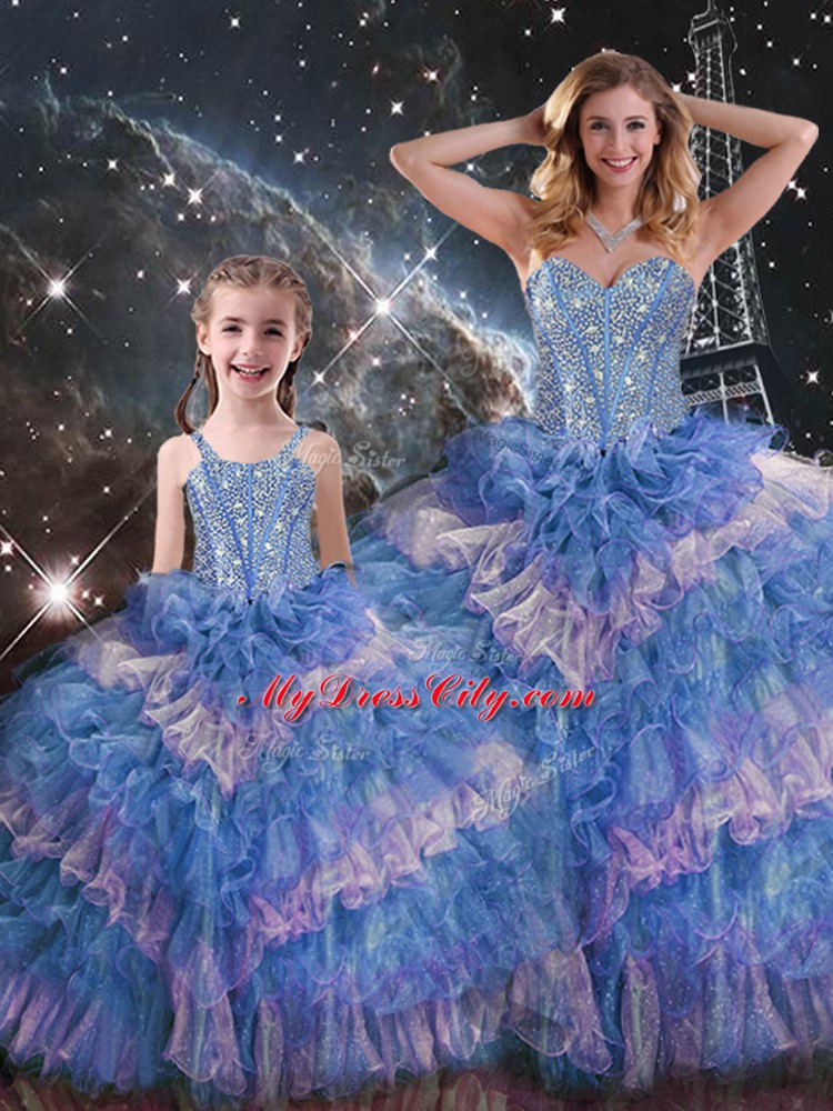 Eye-catching Multi-color Organza Lace Up Quinceanera Gown Sleeveless Floor Length Beading and Ruffled Layers