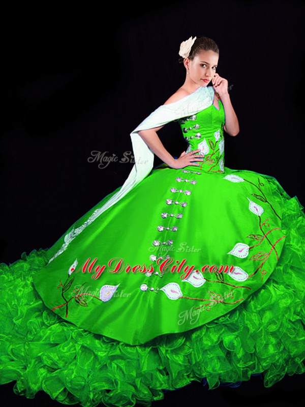 Sleeveless Organza Brush Train Lace Up Quinceanera Gown in Green with Embroidery and Ruffles