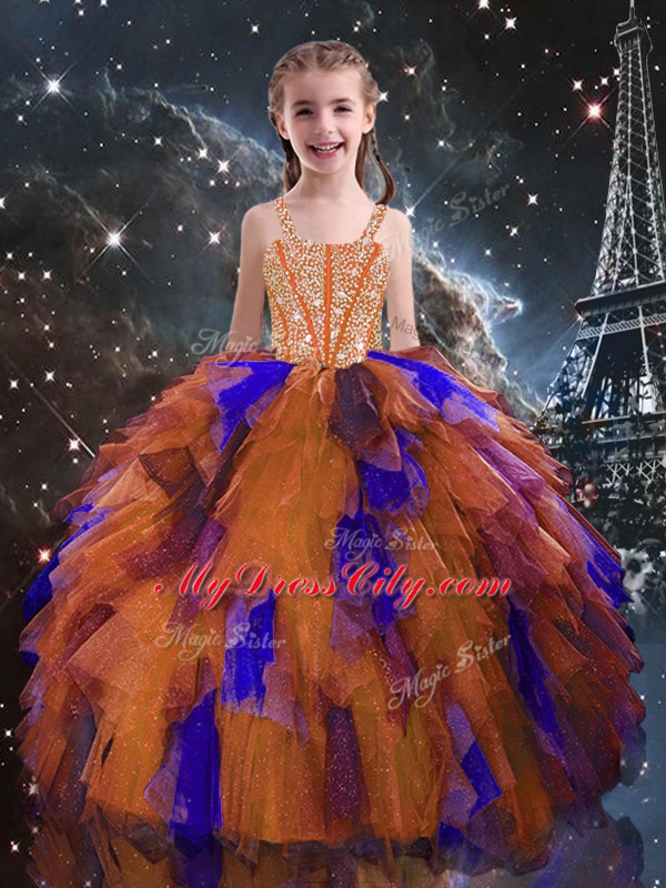 Pretty Orange Red Tulle Lace Up Straps Sleeveless Floor Length Teens Party Dress Beading and Ruffles