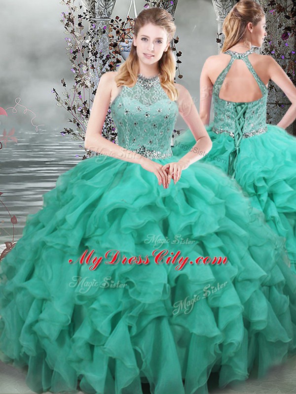 Scoop Sleeveless Organza Quinceanera Dress Beading and Ruffles Brush Train Lace Up