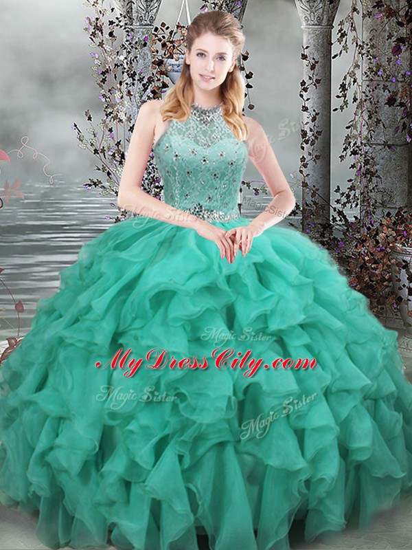 Scoop Sleeveless Organza Quinceanera Dress Beading and Ruffles Brush Train Lace Up