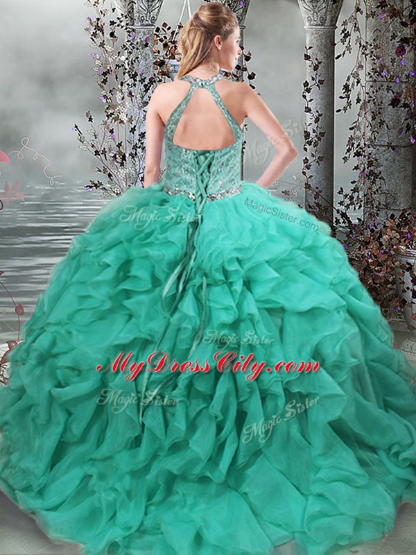 Scoop Sleeveless Organza Quinceanera Dress Beading and Ruffles Brush Train Lace Up