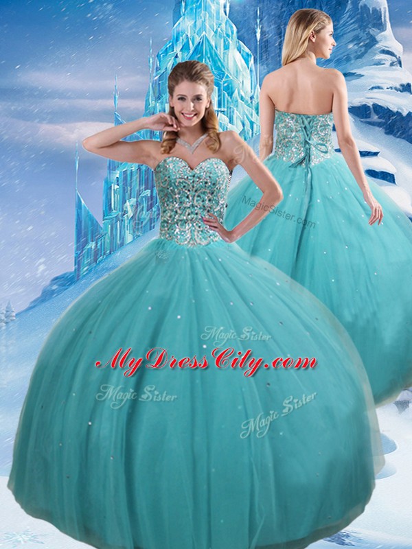 Enchanting Aqua Blue Tulle Lace Up Sweetheart Sleeveless Floor Length Quinceanera Dress Beading and Sequins