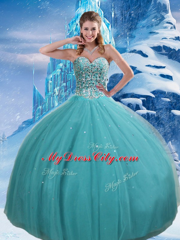 Enchanting Aqua Blue Tulle Lace Up Sweetheart Sleeveless Floor Length Quinceanera Dress Beading and Sequins