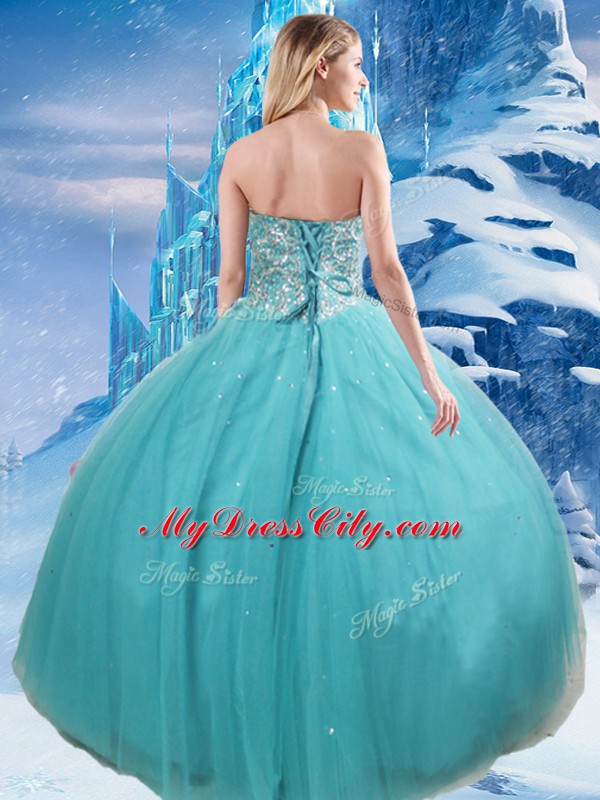 Enchanting Aqua Blue Tulle Lace Up Sweetheart Sleeveless Floor Length Quinceanera Dress Beading and Sequins