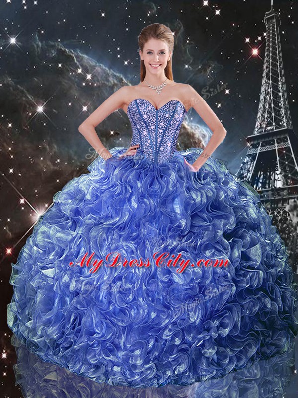 Delicate Blue Sweetheart Lace Up Beading and Ruffles Sweet 16 Dresses Sleeveless