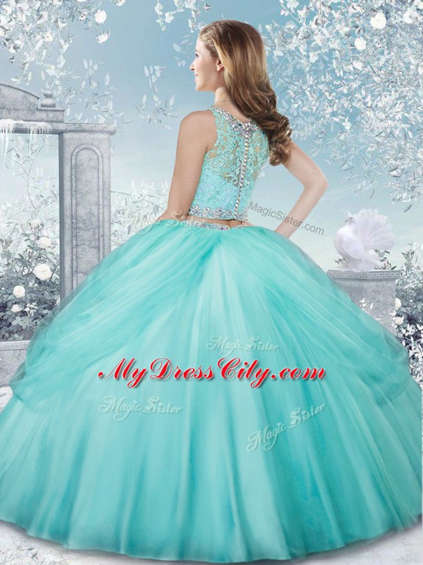 Baby Blue Ball Gowns Beading Quinceanera Gowns Clasp Handle Tulle Sleeveless Floor Length