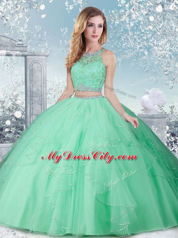 Charming Floor Length Apple Green Sweet 16 Dress Tulle Sleeveless Beading