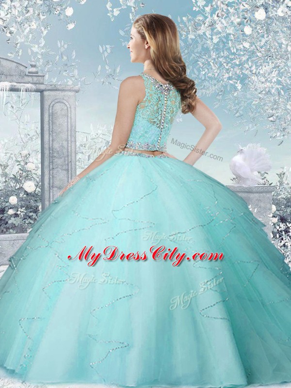 Charming Floor Length Apple Green Sweet 16 Dress Tulle Sleeveless Beading