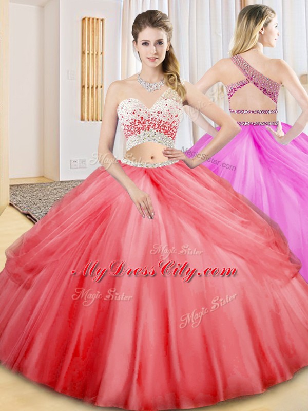 Captivating Floor Length Coral Red Sweet 16 Dresses Tulle Sleeveless Beading and Ruching and Pick Ups