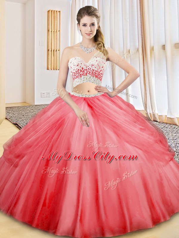 Captivating Floor Length Coral Red Sweet 16 Dresses Tulle Sleeveless Beading and Ruching and Pick Ups