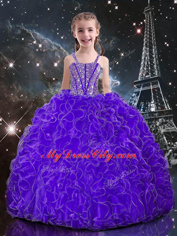 Eggplant Purple Straps Lace Up Beading and Ruffles Kids Pageant Dress Sleeveless