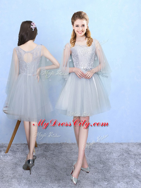 Most Popular Knee Length Silver Quinceanera Court Dresses Square Half Sleeves Lace Up