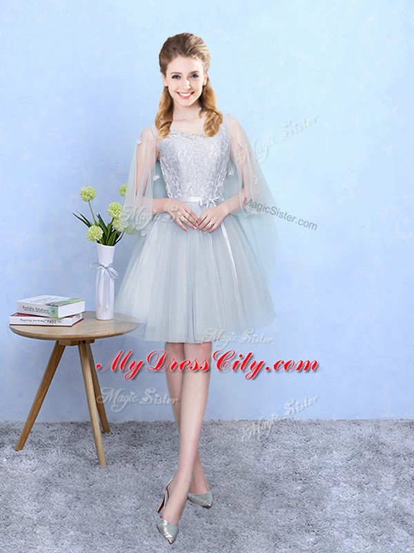 Most Popular Knee Length Silver Quinceanera Court Dresses Square Half Sleeves Lace Up