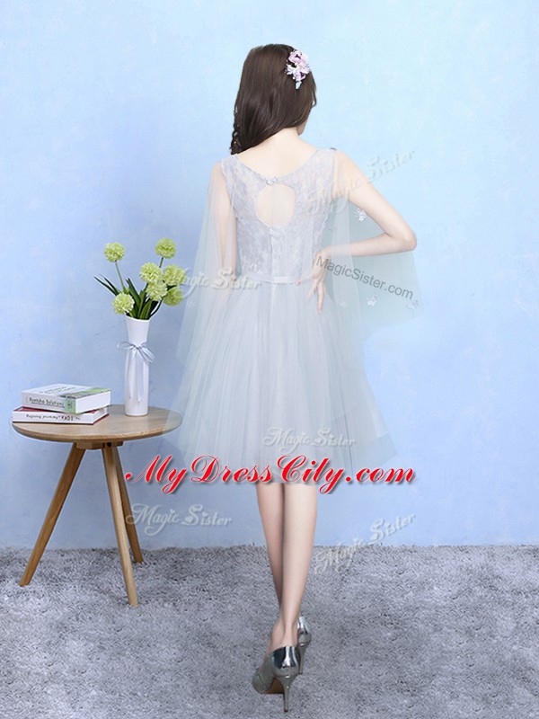 Most Popular Knee Length Silver Quinceanera Court Dresses Square Half Sleeves Lace Up