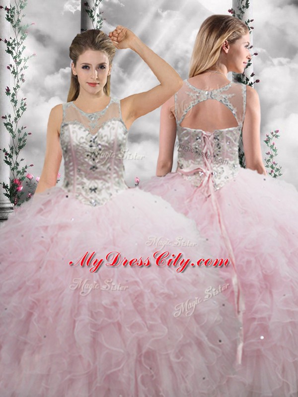 Charming Tulle Scoop Sleeveless Lace Up Beading and Ruffles Quinceanera Gowns in Baby Pink