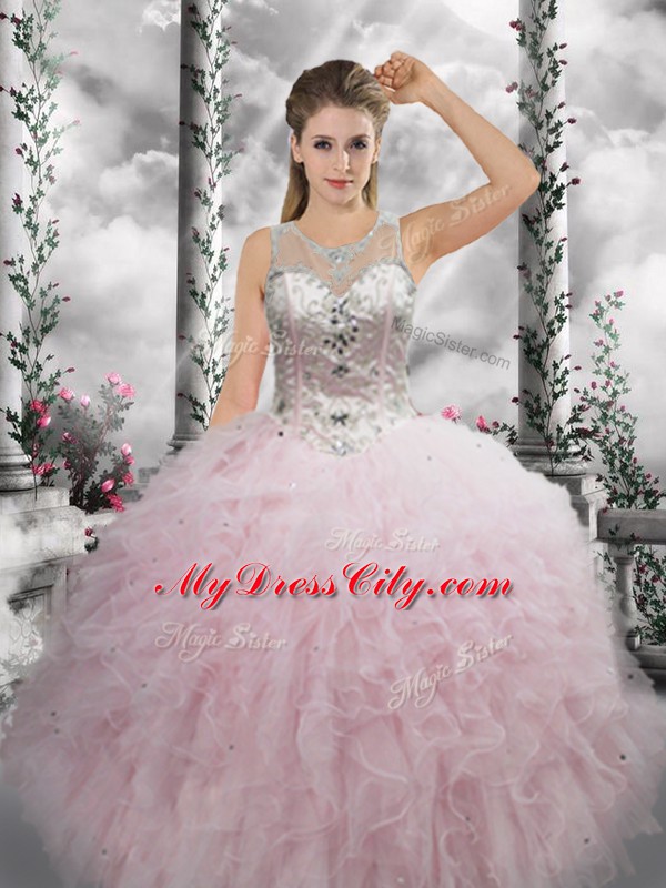 Charming Tulle Scoop Sleeveless Lace Up Beading and Ruffles Quinceanera Gowns in Baby Pink