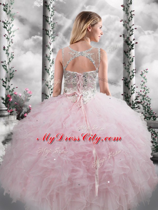 Charming Tulle Scoop Sleeveless Lace Up Beading and Ruffles Quinceanera Gowns in Baby Pink