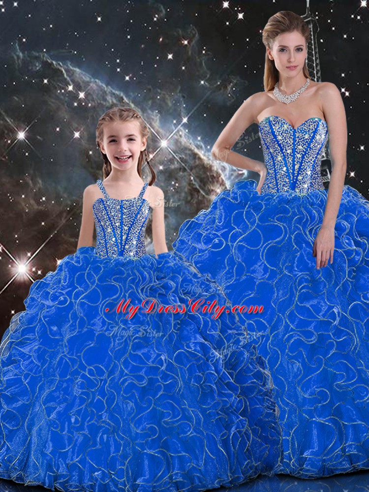 Enchanting Blue Sweet 16 Quinceanera Dress Military Ball and Sweet 16 and Quinceanera with Beading and Ruffles Sweetheart Sleeveless Lace Up